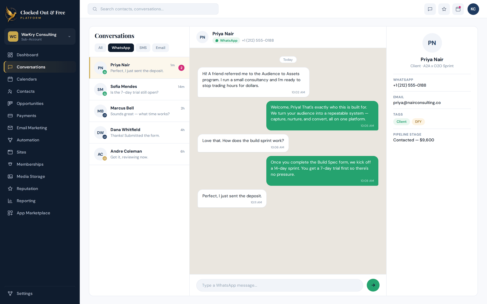 WhatsApp conversation thread inside the Clocked Out & Free platform unified inbox alongside contact details.