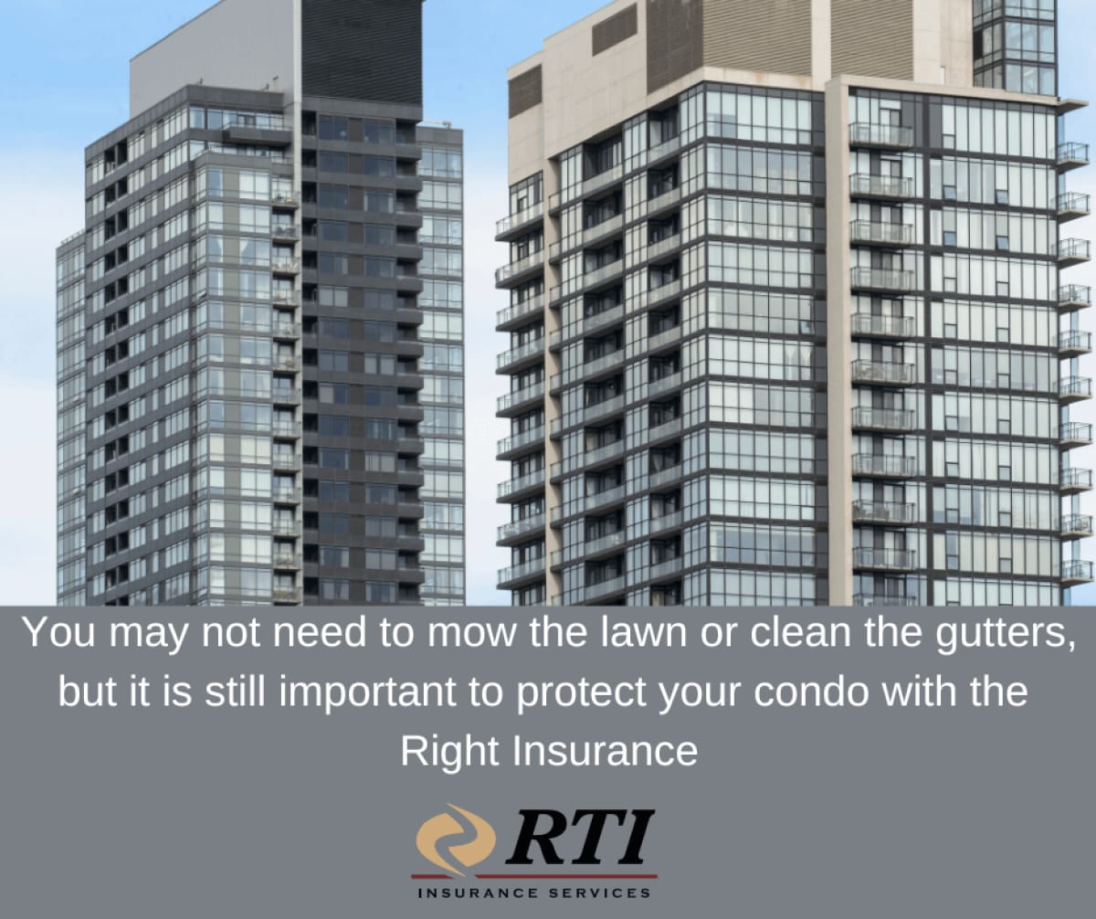 Modern high-rise condos with RTI Insurance text about protecting your condo investment.