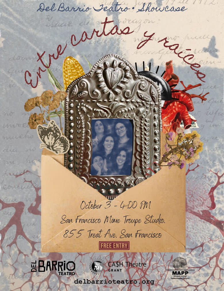 Del Barrio Teatro’s “Entre Cartas y Raíces” showcase flyer, featuring a framed group photo surrounded by flowers, corn, butte