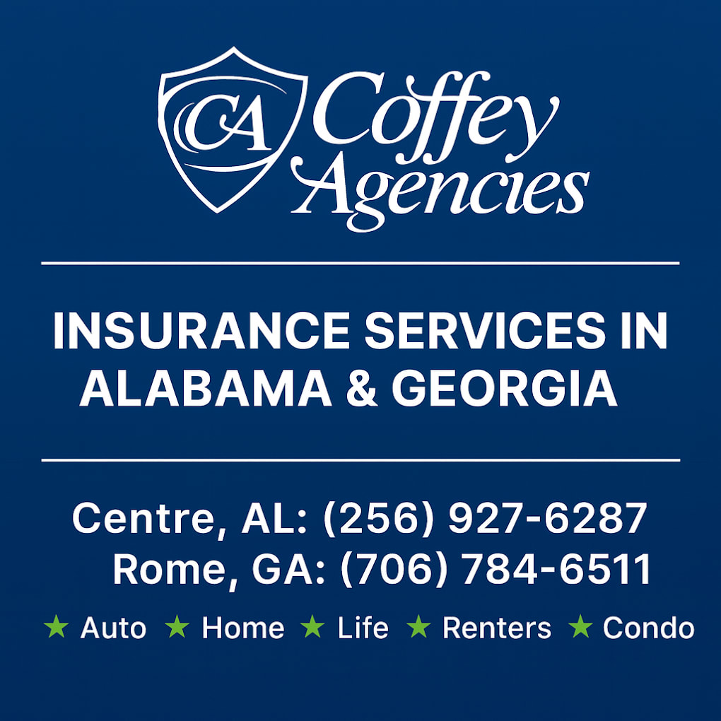 Coffey Agencies logo with phone numbers for Centre AL and Rome GA offices