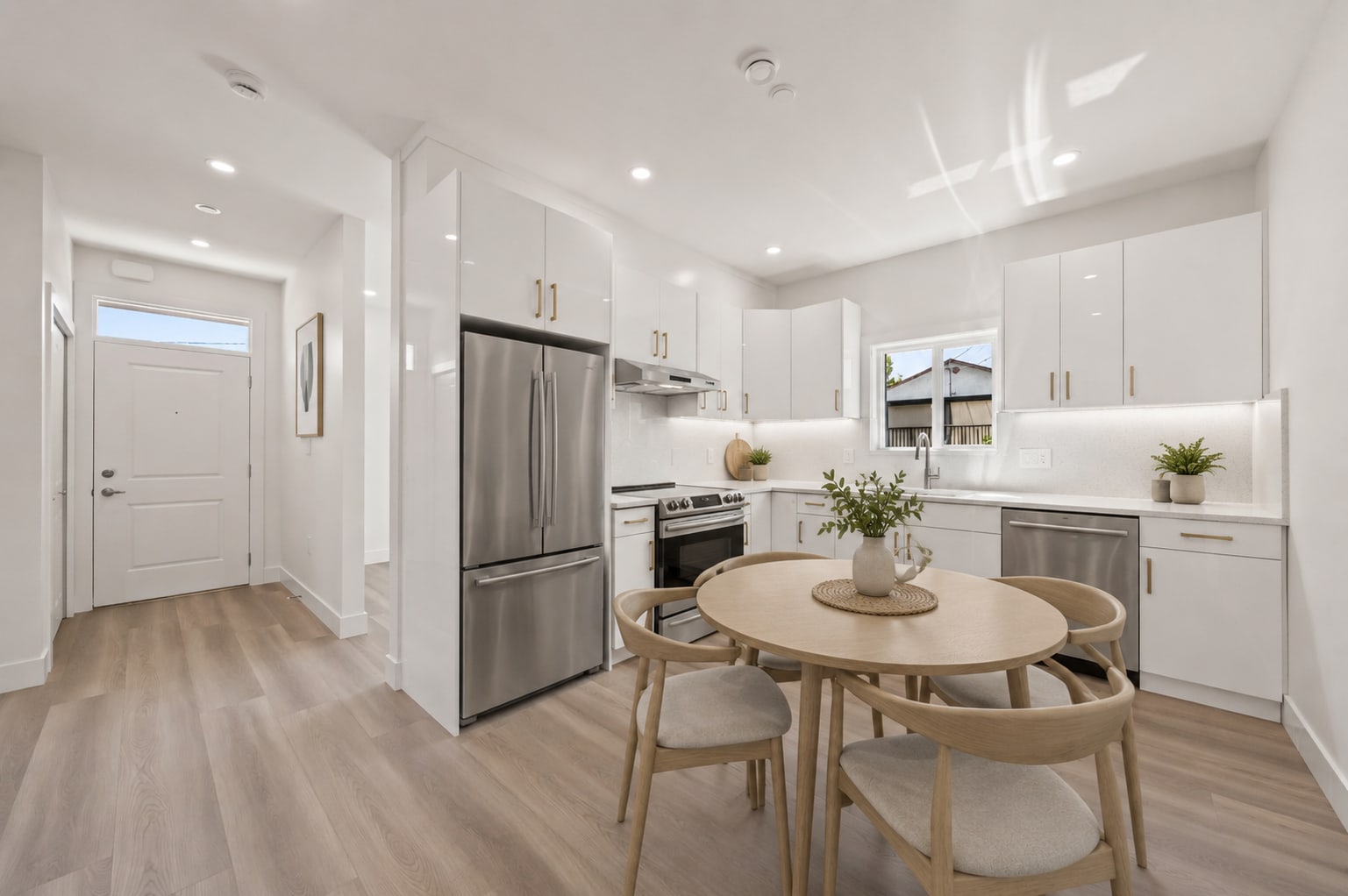 Bright kitchen at 7045 Culloden laneway home featuring white cabinetry, quartz countertops, stainless steel appliances, light