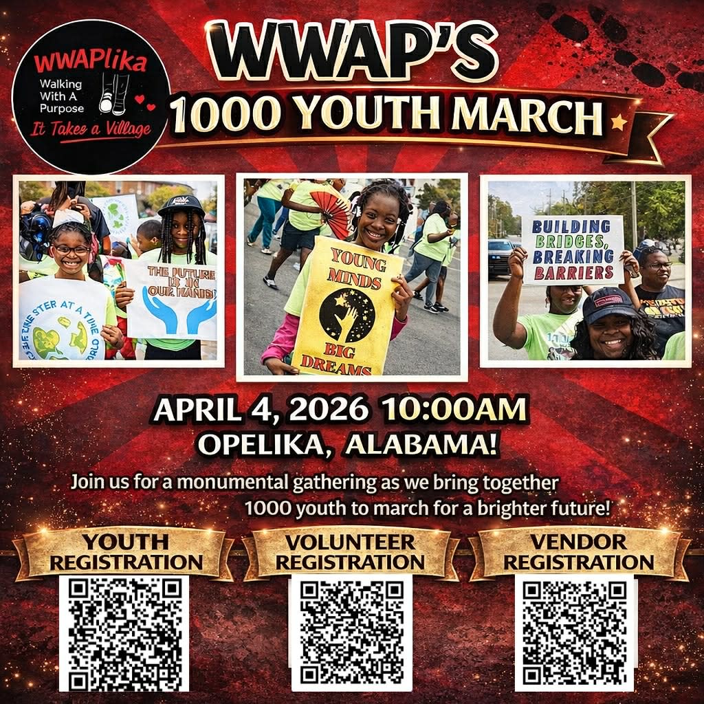 WWAP’s 1000 Youth March flyer featuring youth holding signs that read “Young Minds Big Dreams” and “Building Bridges, Breakin