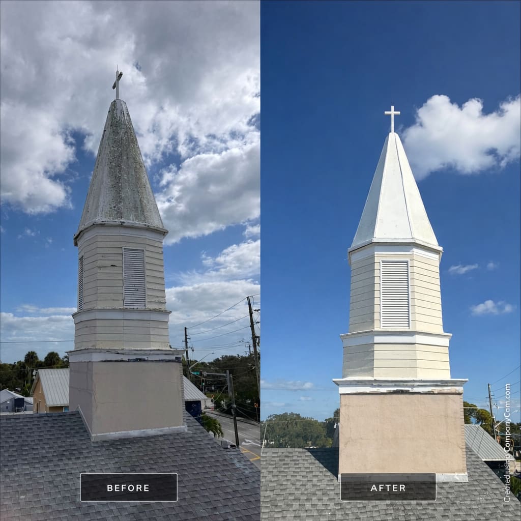 Before and after pressure washing of a church steeple in Brevard County, Florida