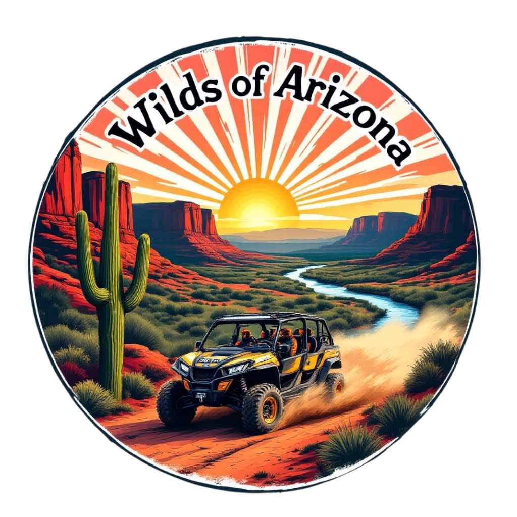 Wilds of Arizona - Off-Road vehicle traversing desert canyon with Arizona Flag