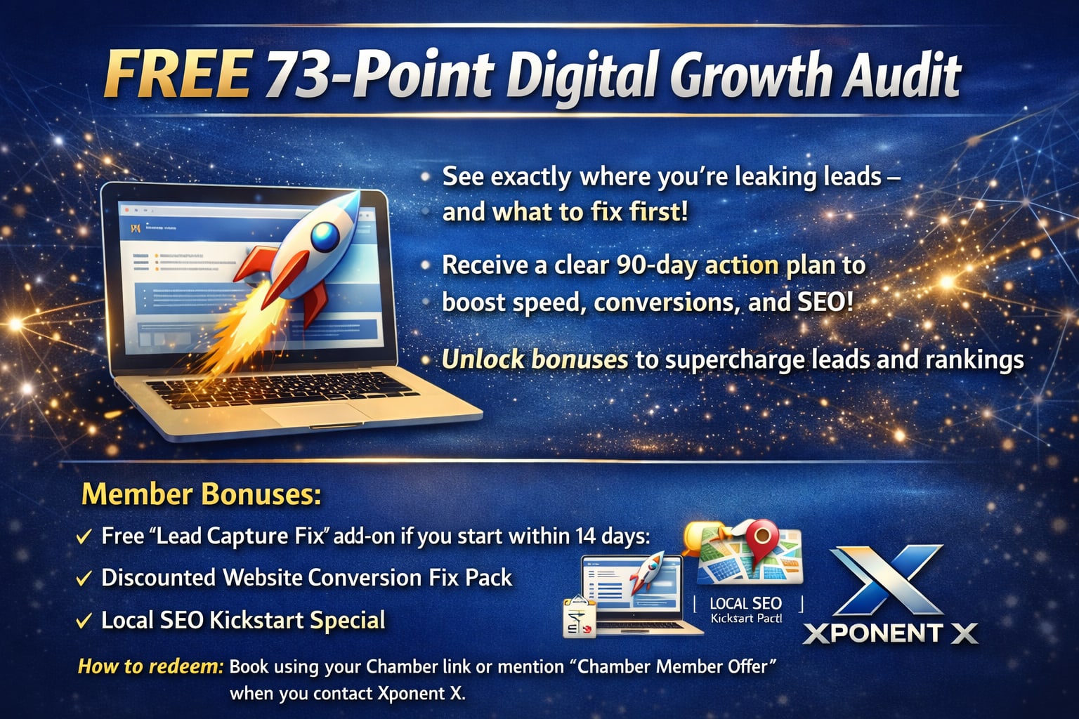Xponent X promo: Free 73-point digital growth audit with a 90-day lead-growth plan.