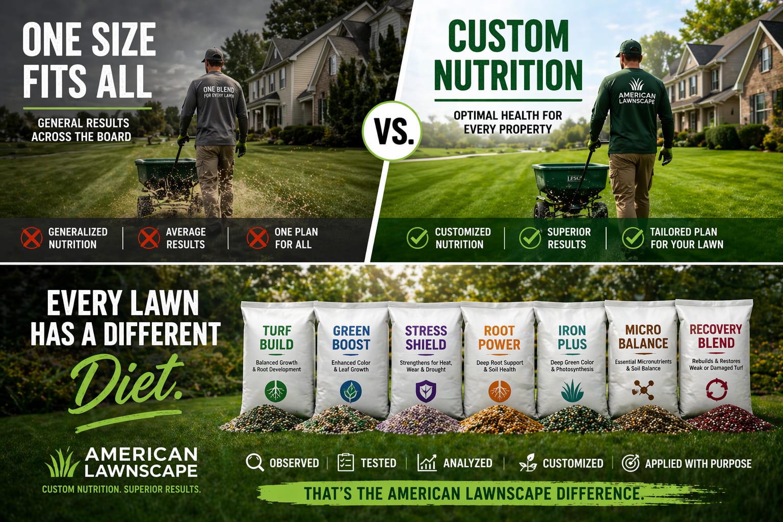 Custom lawn fertilizer comparison graphic showing one-size-fits-all lawn care vs personalized nutrition programs for TX