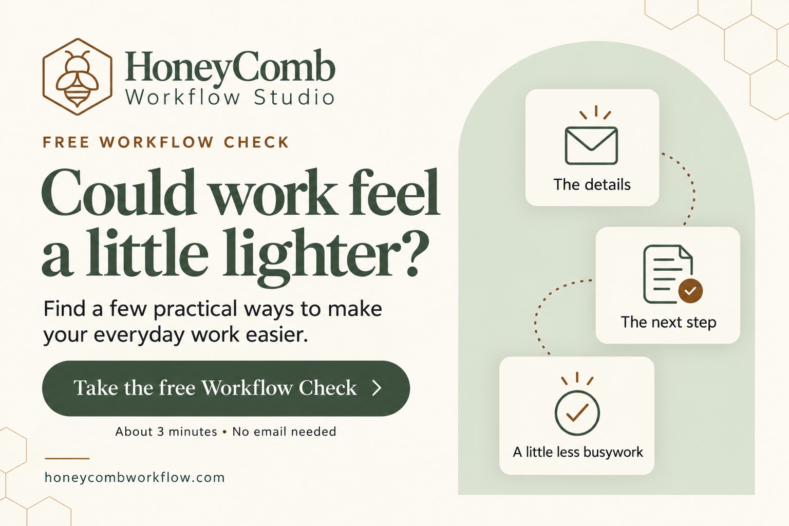 HoneyComb Workflow Studio graphic reading “Could work feel a little lighter?” with an invitation to take the Workflow Check