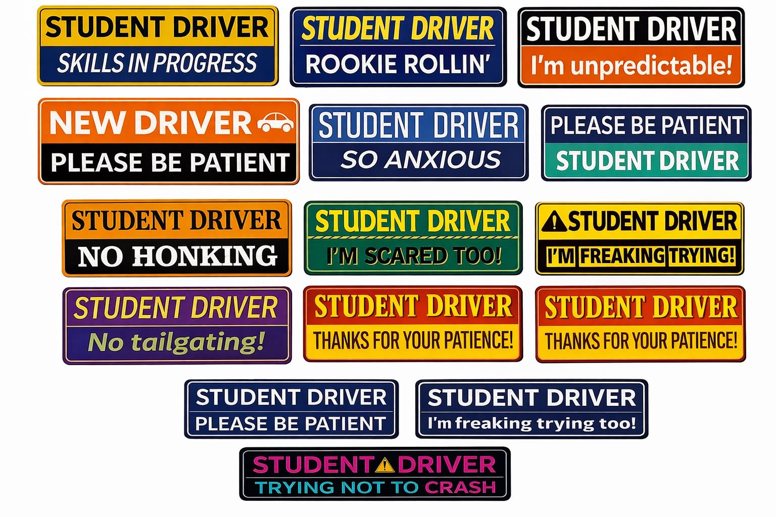 Assortment of colorful student driver car magnets offered with an auto insurance quote from Thompson Insurance Agency in Conc