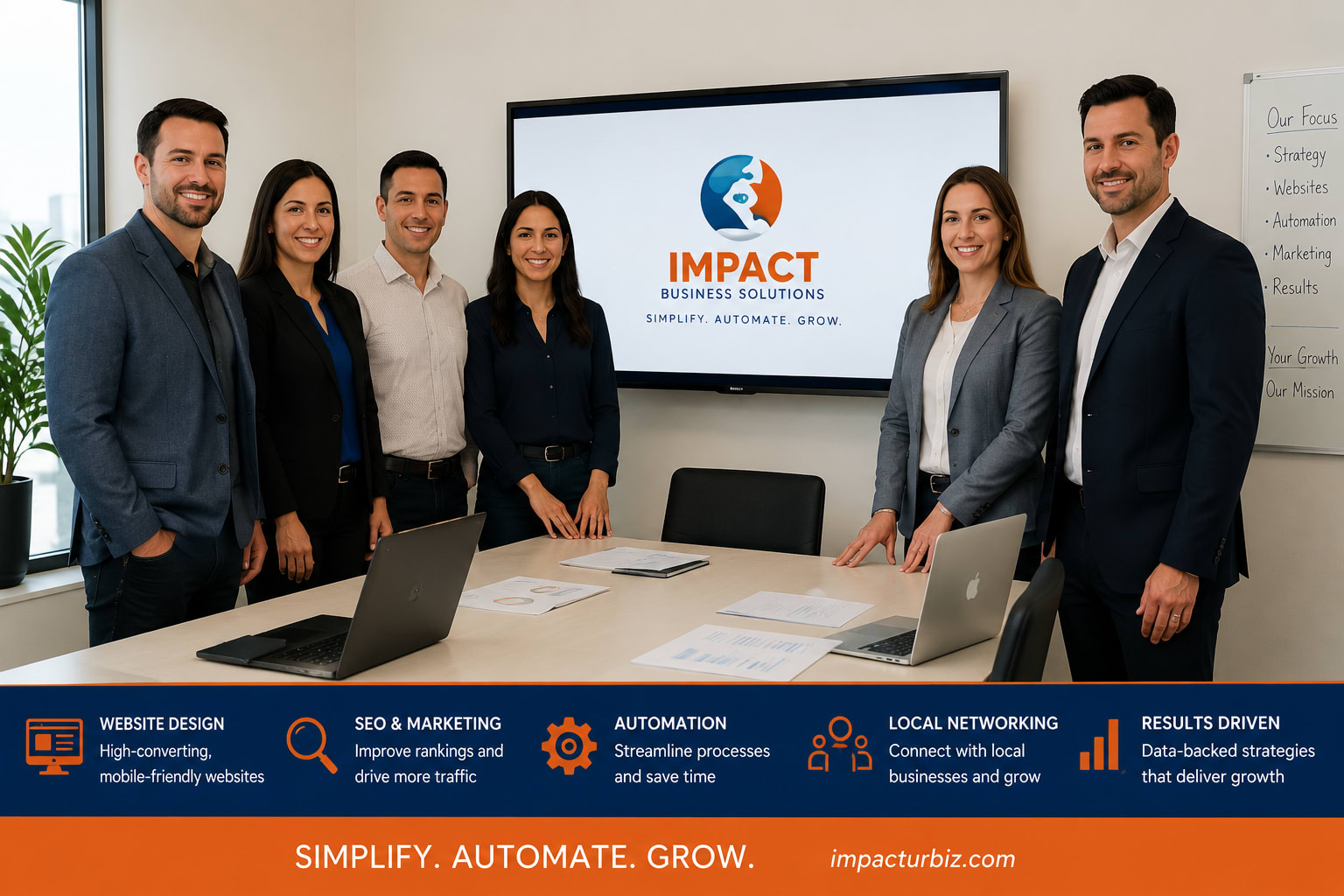 Impact Business Solutions team providing website design, SEO, AI automation, marketing, and business growth services in Merid