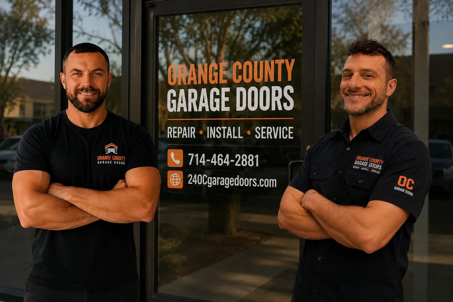 Orange County Garage Doors technicians outside the shop - garage door repair, installation and service
