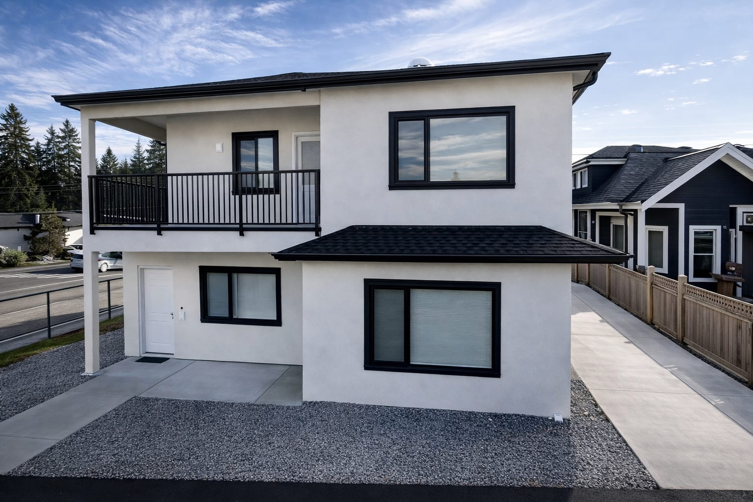 Two-storey laneway home at 6591 Neville featuring a clean white exterior, black-framed windows, covered balcony, private entr