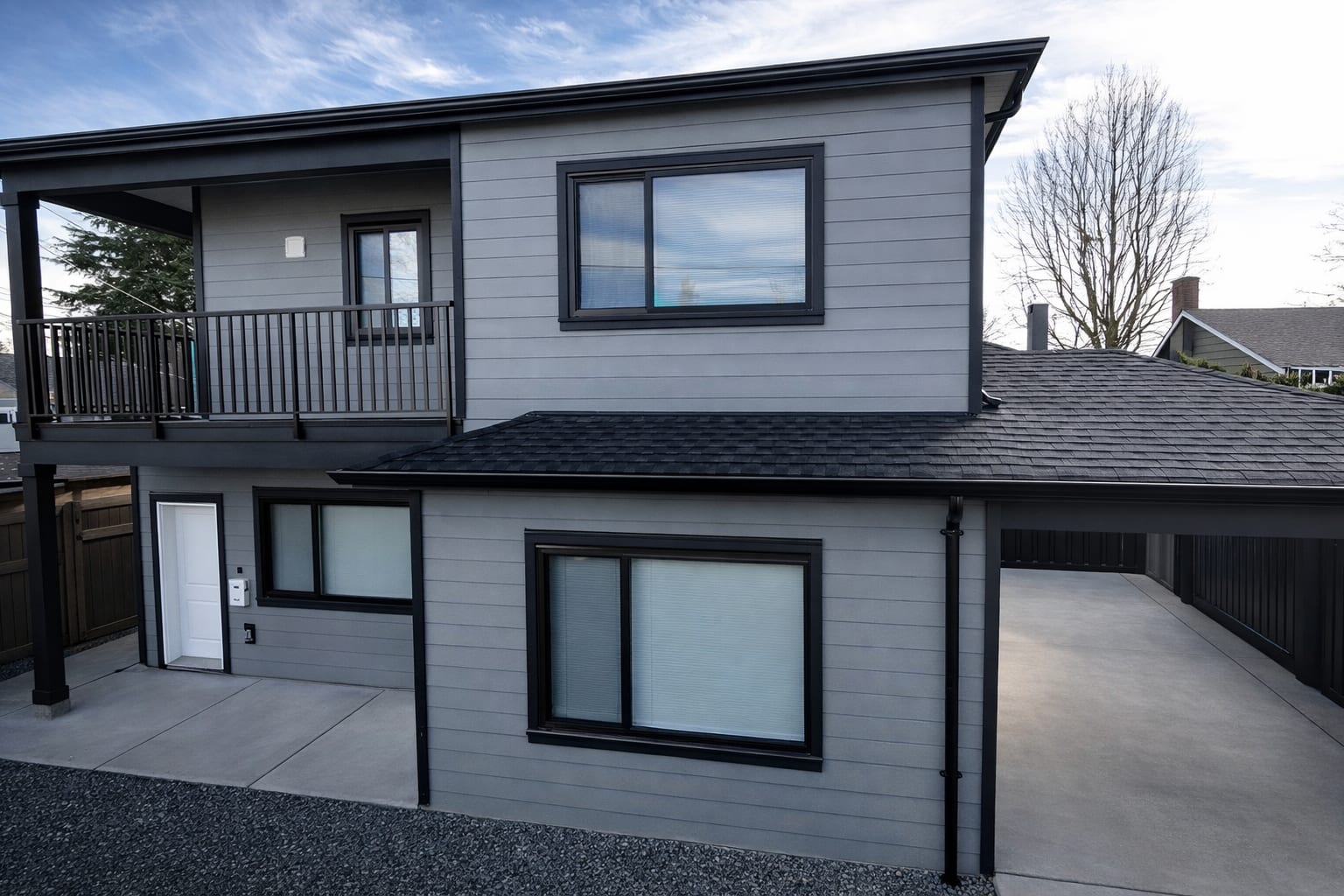 Two-storey laneway home at 6645 Curtis featuring grey siding, black trim, covered balcony, private entry and an attached cove