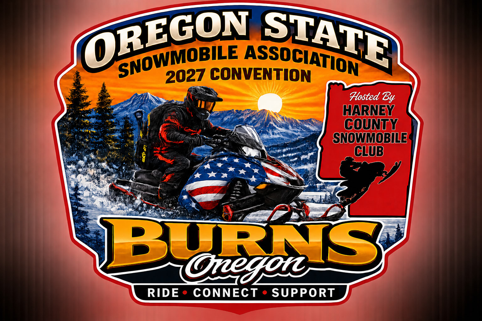 2027 Oregon State Snowmobile Association Convention logo for Burns, Oregon, hosted by Harney County Snowmobile Club.