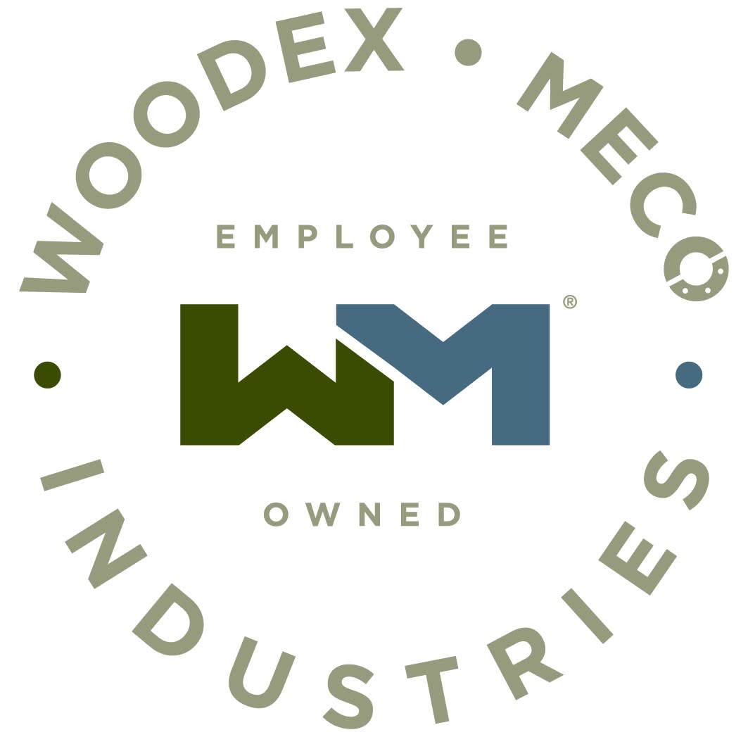 logo for Woodex | MECO Industries in in khaki green and blue