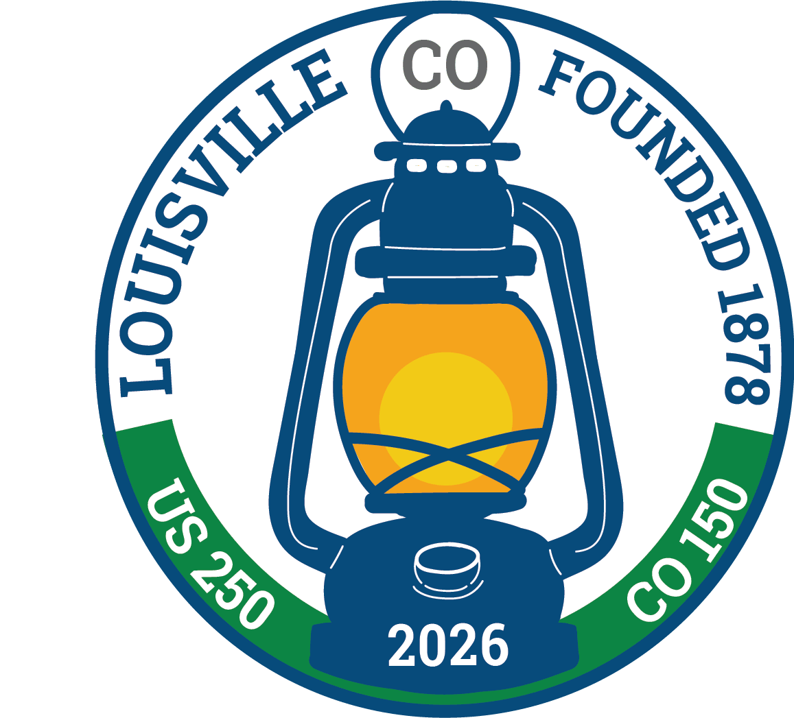 Sesquisemiquincentennial Louisville Lantern Logo with surrounding text, "Louisville CO Founded 1878, US 250, CO 150."