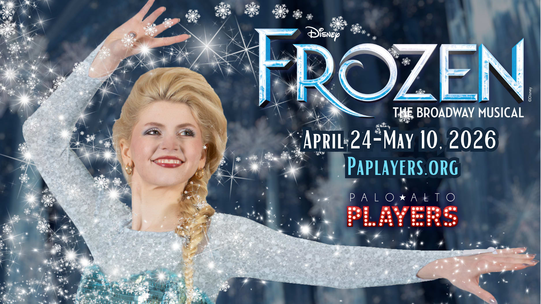 The FROZEN logo with a picture of Elsa (Astraea Brown) with snow flurries all around her.