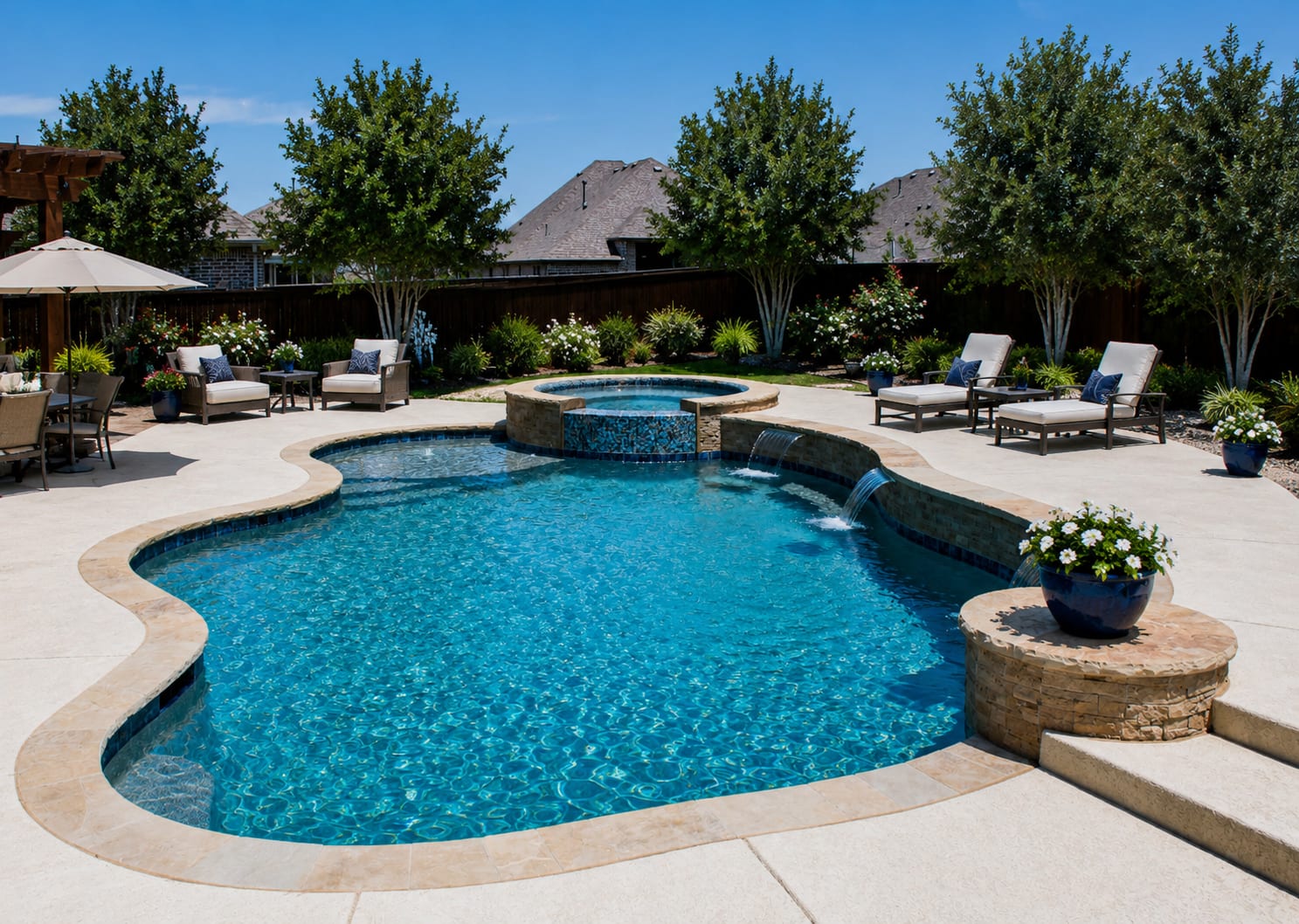 Luxury freeform gunite swimming pool with raised spa, sheer descent waterfalls, and travertine coping designed and built by C