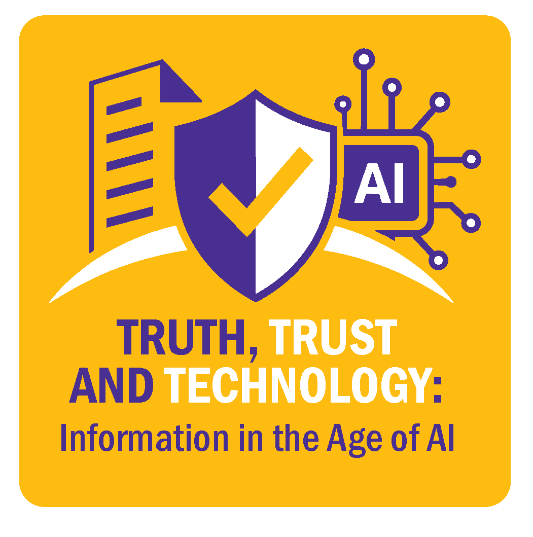 yellow background with "truth, trust and technology" title in purple and white
