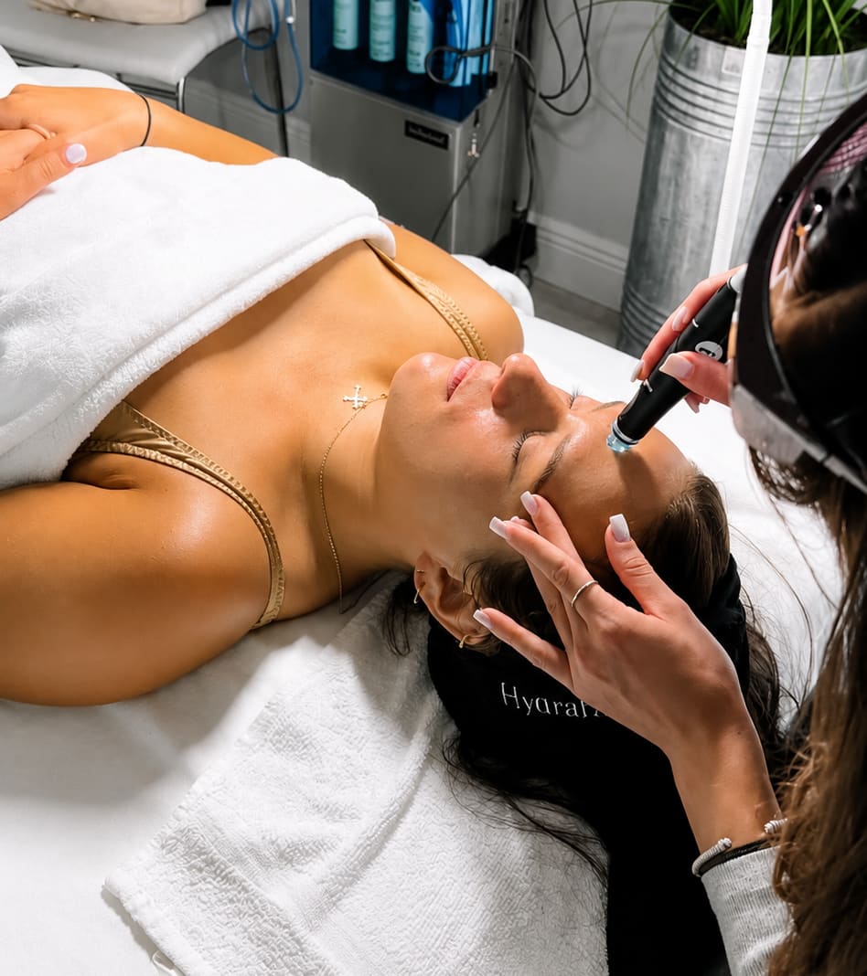 Patient receiving facial HydraFacial treatment with professional HydraFacial equipment at Refresh - Aesthetics & Wellness