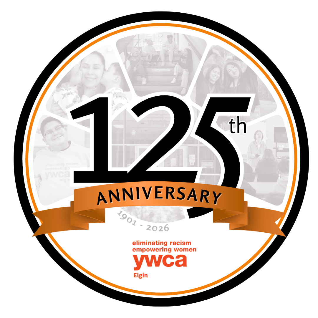 Circular YWCA Elgin 125th Anniversary logo featuring large black “125th” text over a grayscale collage of community members,
