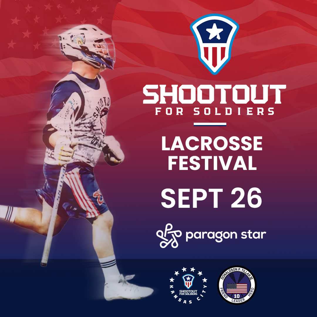 Lacrosse player with Shootout for Soldiers logo on red and blue background. Lacrosse Festival, Sept 26 at Paragon Star.