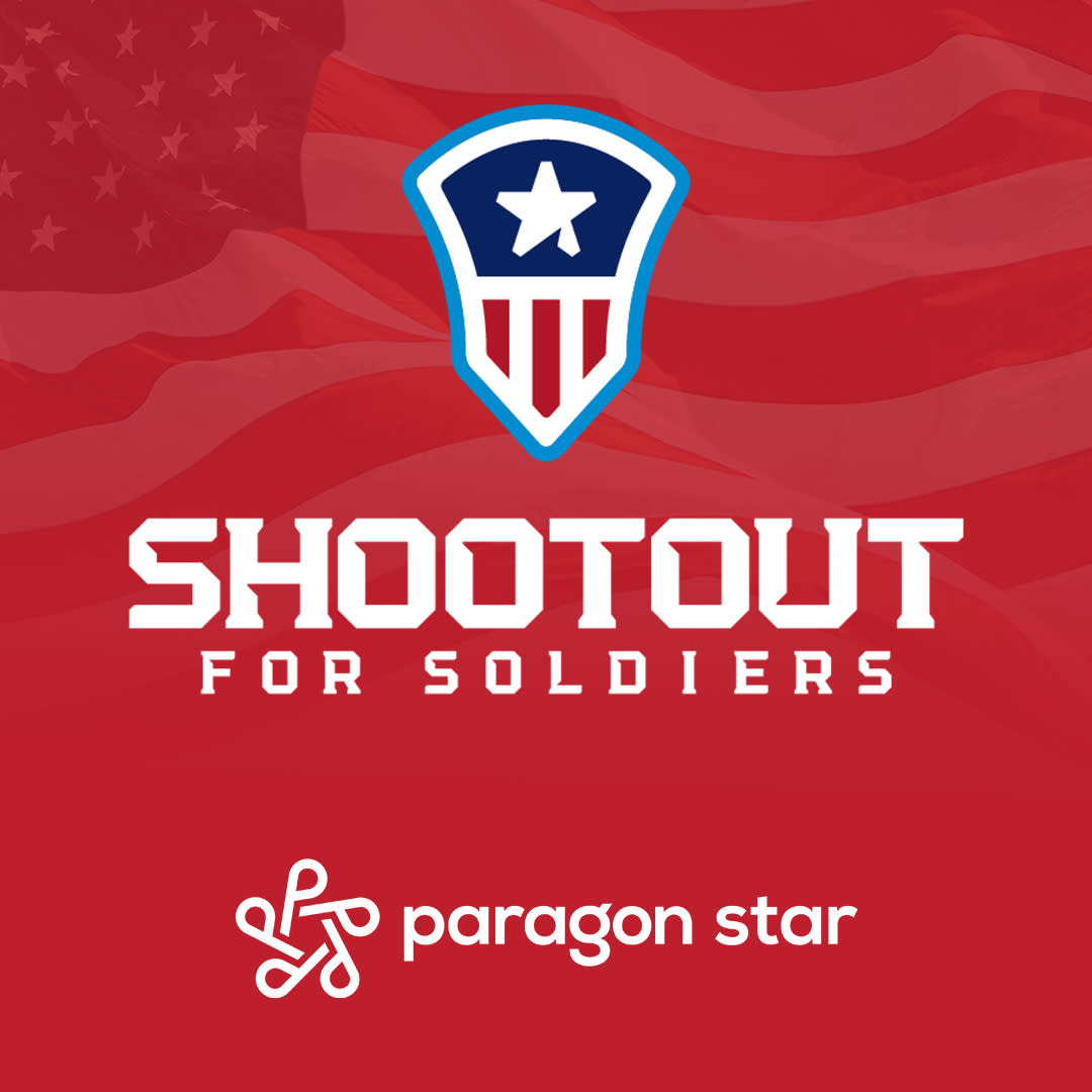 Shootout for Soldiers logo and Paragon Star logo on red background with American flag