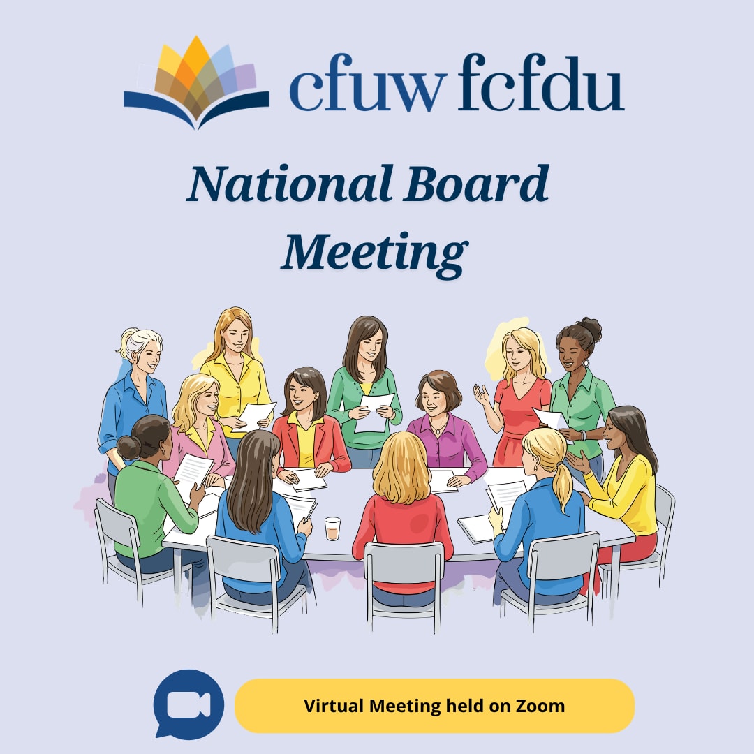 Promotional graphic for a CFUW National Board Meeting, showing board members gathered around a table. Meeting on Zoom.