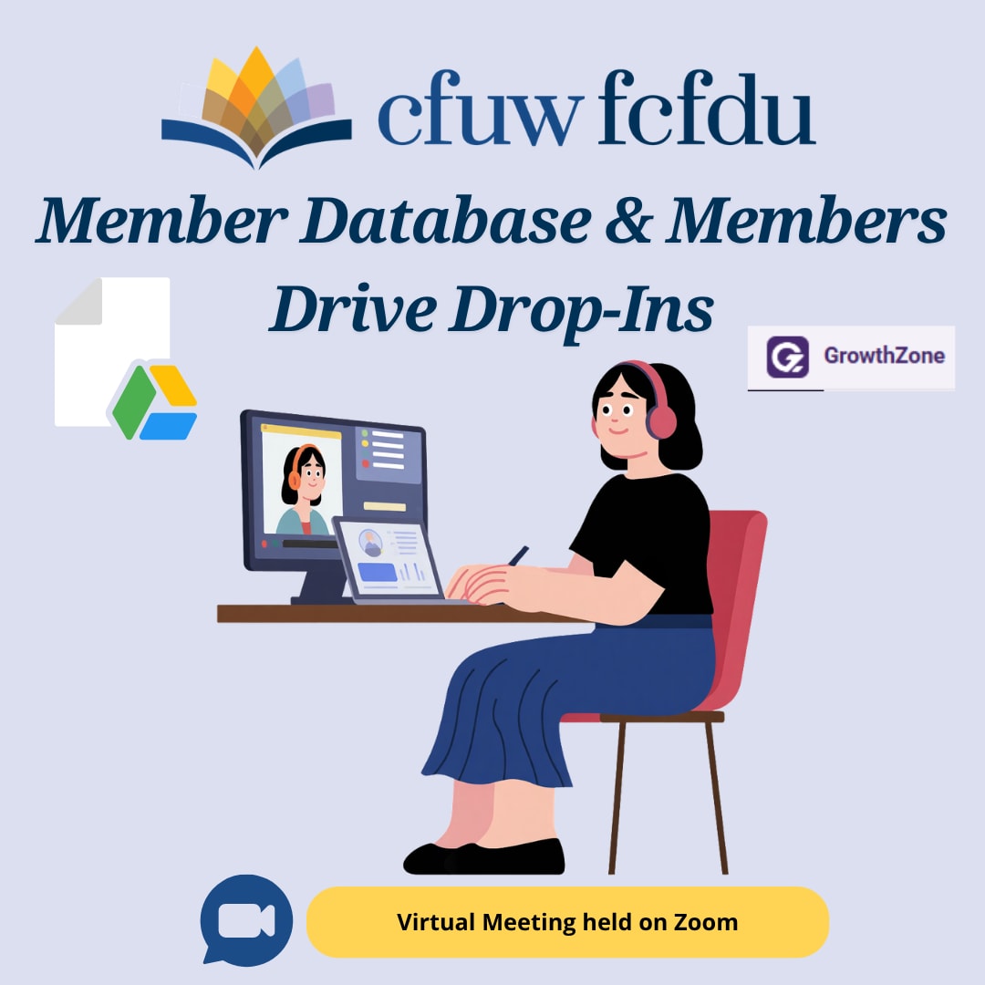 Promotional graphic for CFUW Member Database and Members Drive drop-in sessions, featuring Google Drive, Growthzone. On Zoom