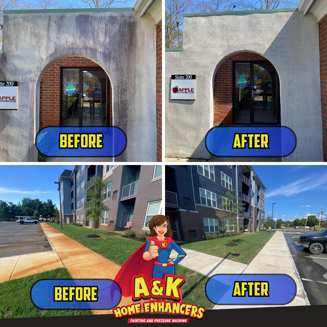Commercial pressure washing and rust removal before and after on apartment buildings and storefront properties in New Jersey