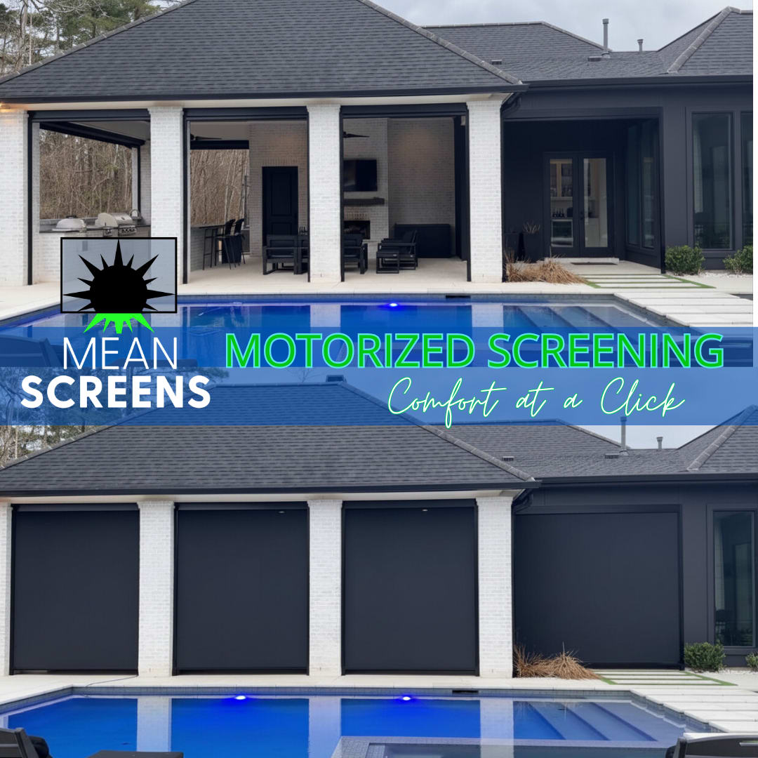 Modern backyard patio in Ascension Parish home featuring custom motorized screens by Mean Screens, shown open above a pool an