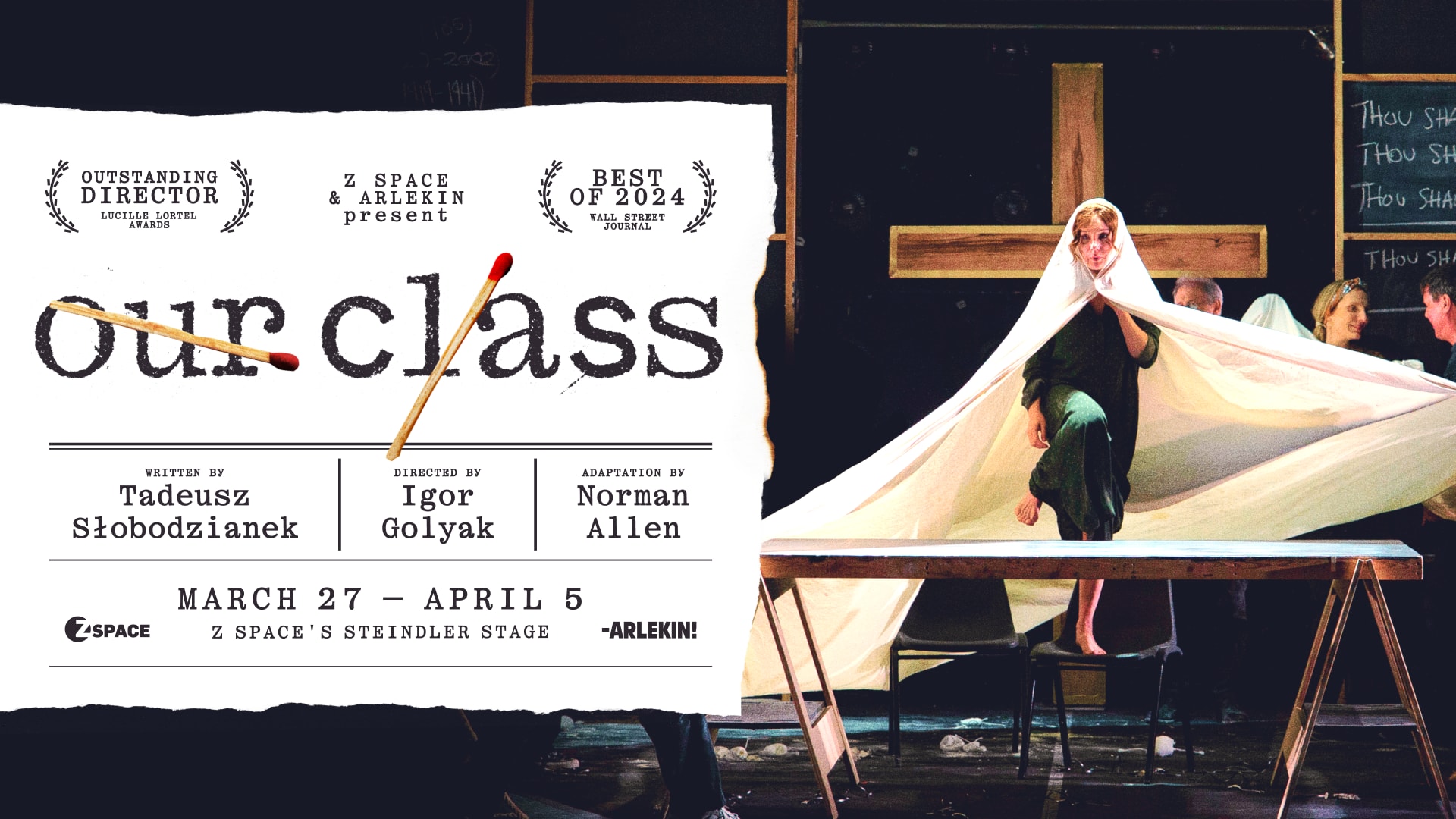 A woman (played by Chulpan Khamatova) steps onto a large, wooden table while holding a sheet around her like a veil. Behind h