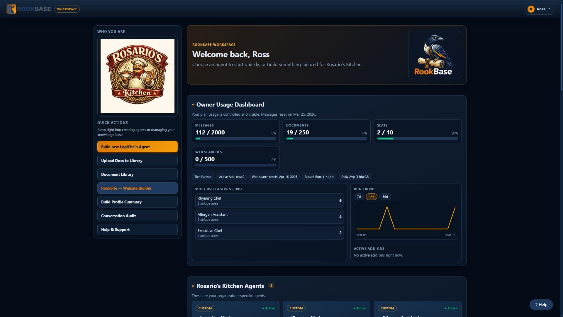 RookBase workspace dashboard showing agent usage, document count, and quick actions for Rosario's Kitchen