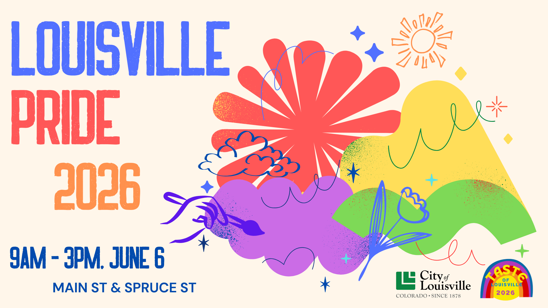 A promotional graphic for the 2026 Louisville Pride event from 9 am - 3 pm on June 6 between Main St. and Spruce St.