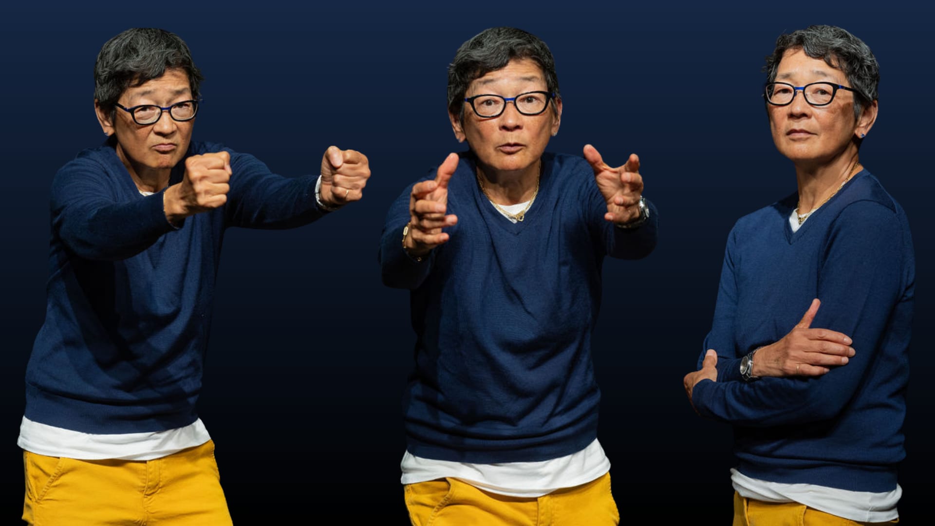 In this image Pearl Ong is posed in three different ways: driving, holding her hands out to the audience, and crossing her ar