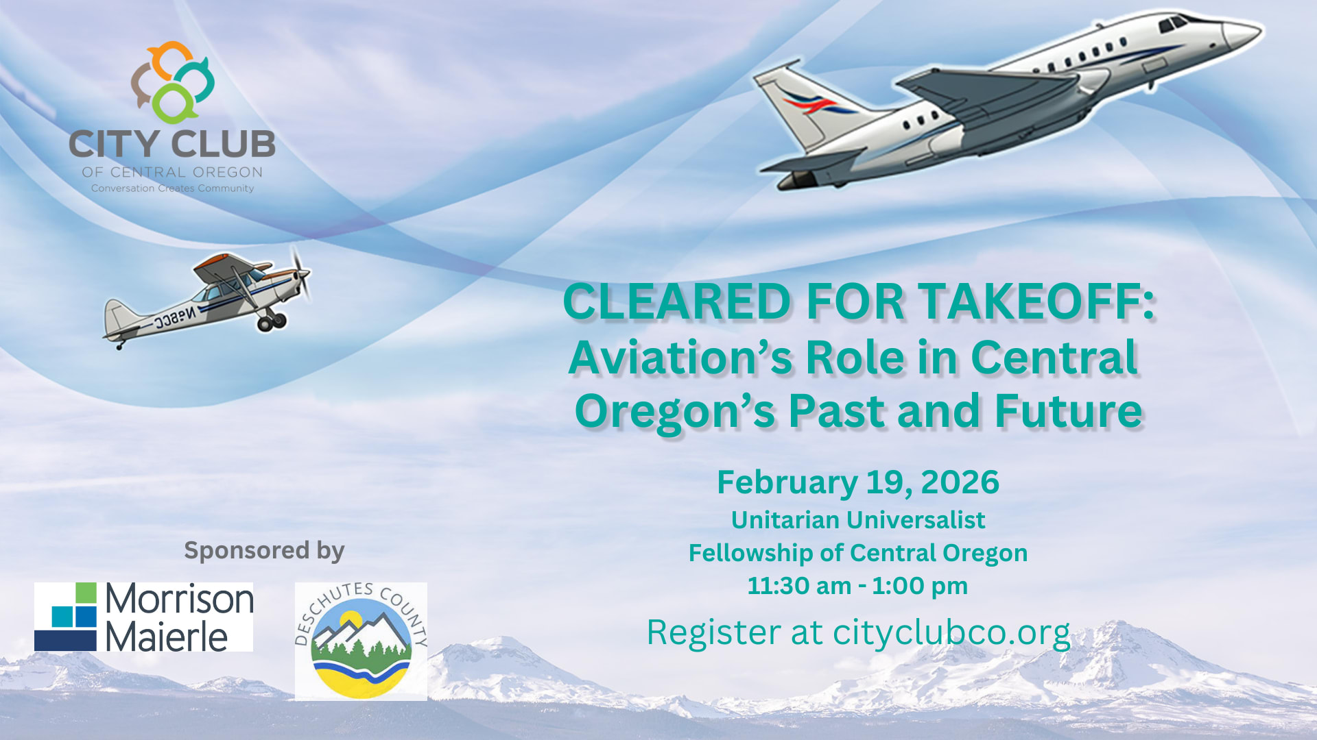 Photo with airplanes and logistics information about City Club Forum