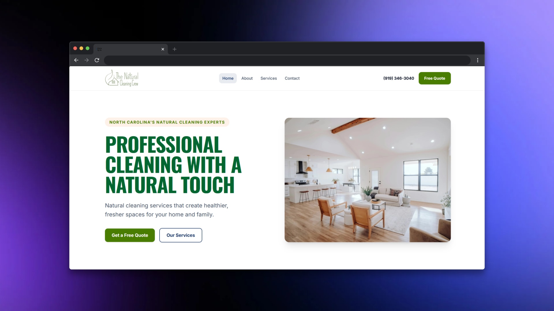 Natural Cleaning Crew website, designed and built by J.A Web Design