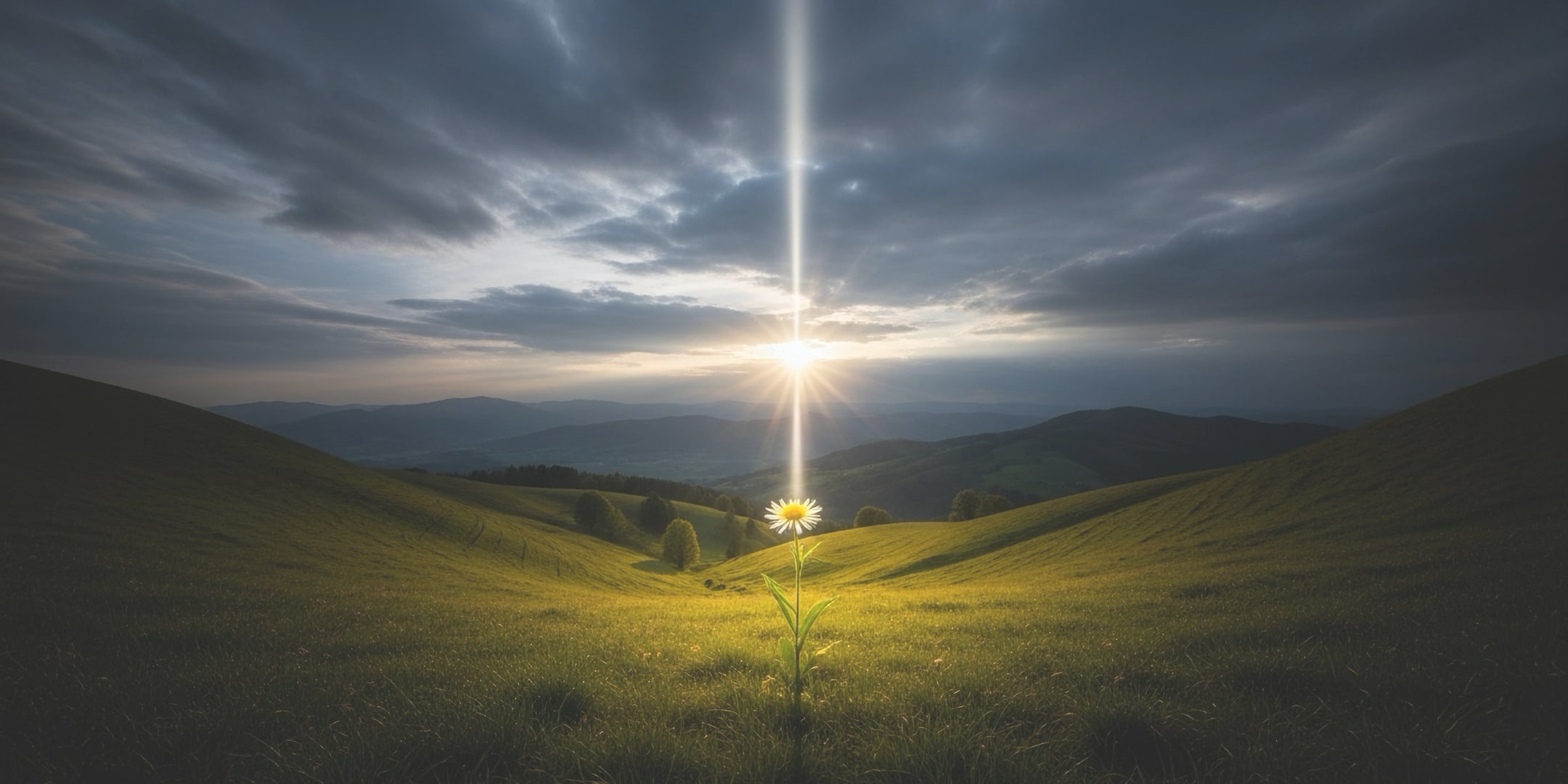 A flower looking at a sunrise over the hills