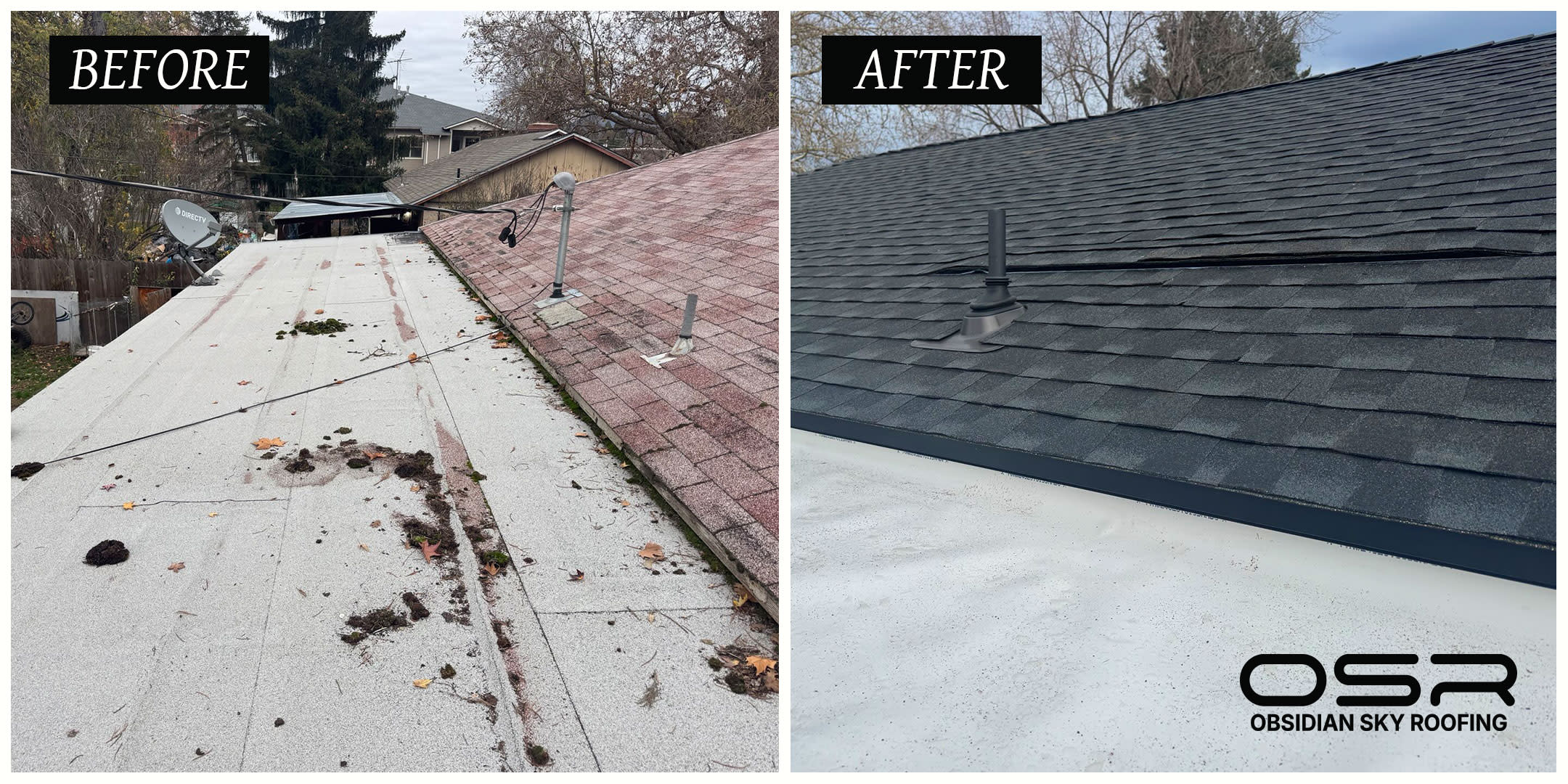 Photo of before and after of a residential roof replacement