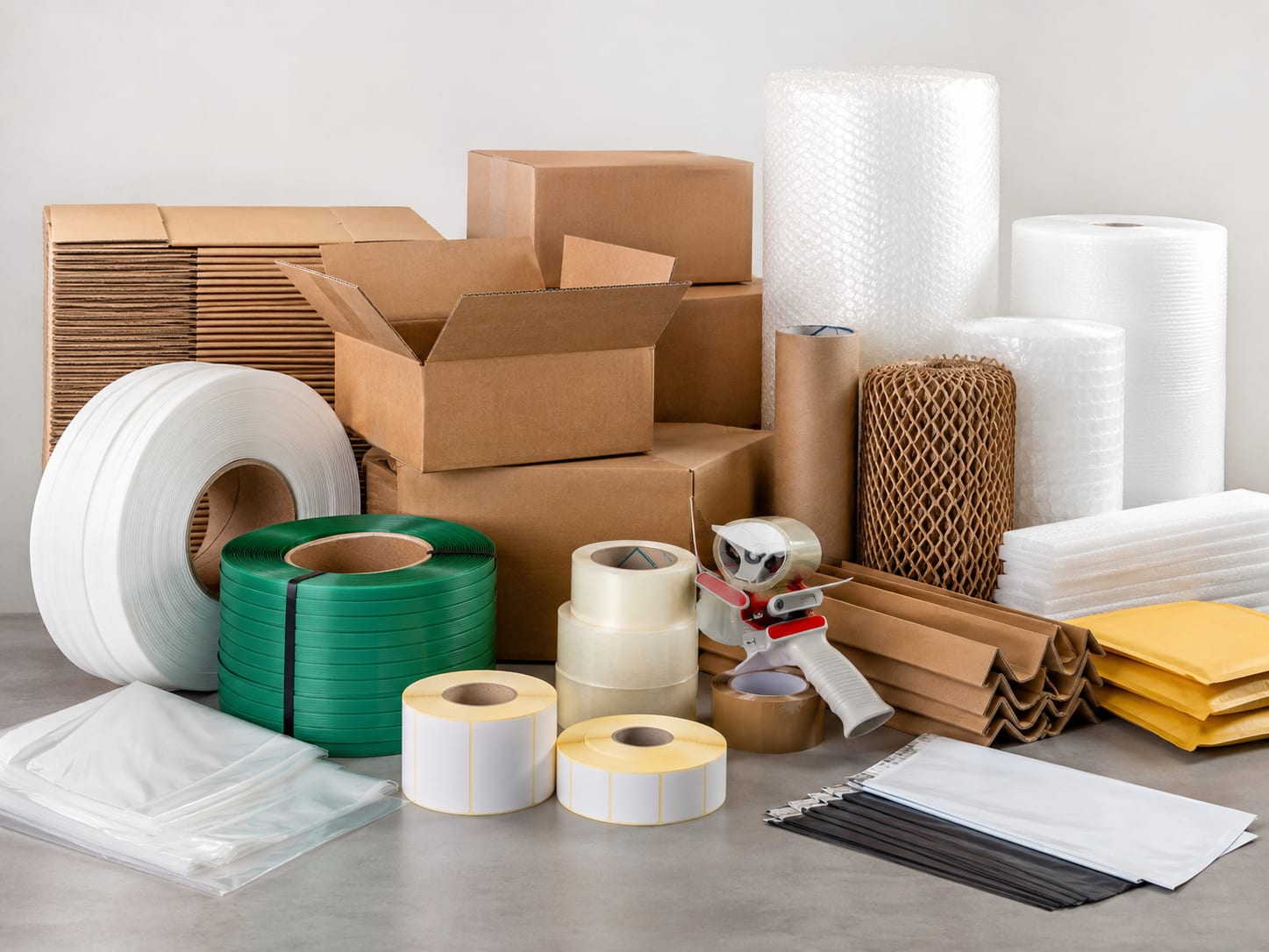 Industrial packaging supplies including corrugated boxes, bubble wrap, stretch film, strapping, labels, tape, mailers, and pr