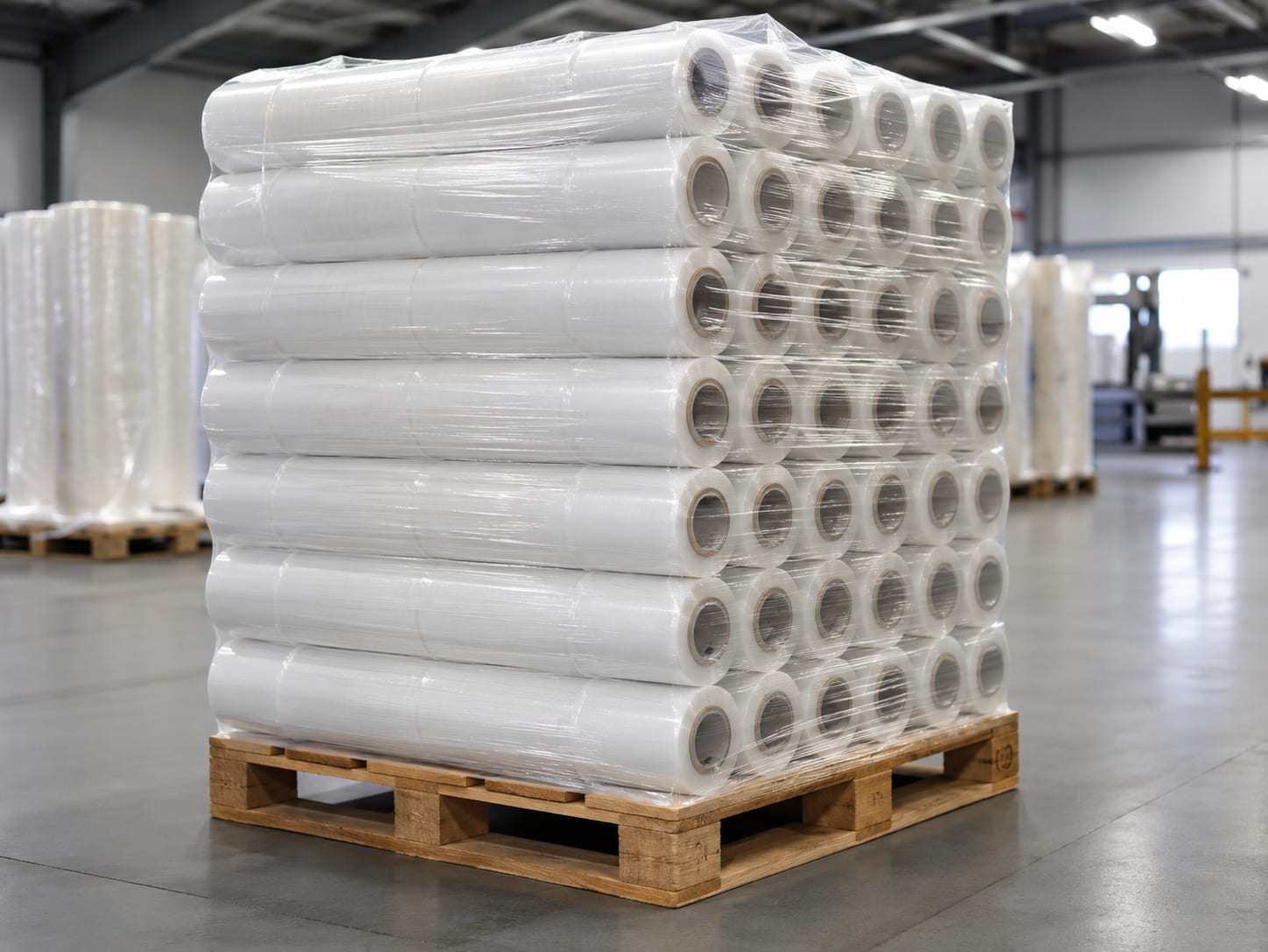 Pallet of clear stretch film rolls wrapped for bulk industrial shipping and warehouse use