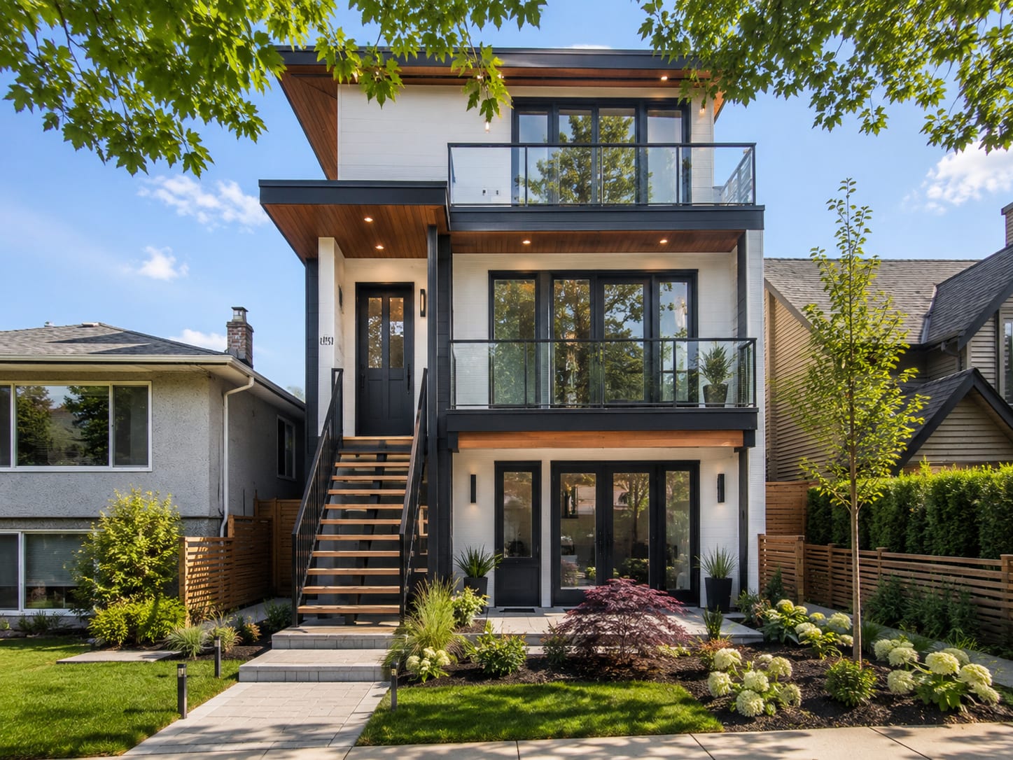 Modern multiplex exterior at 3019 West 6th featuring three-storey contemporary design, glass railings, wood soffits, landscap