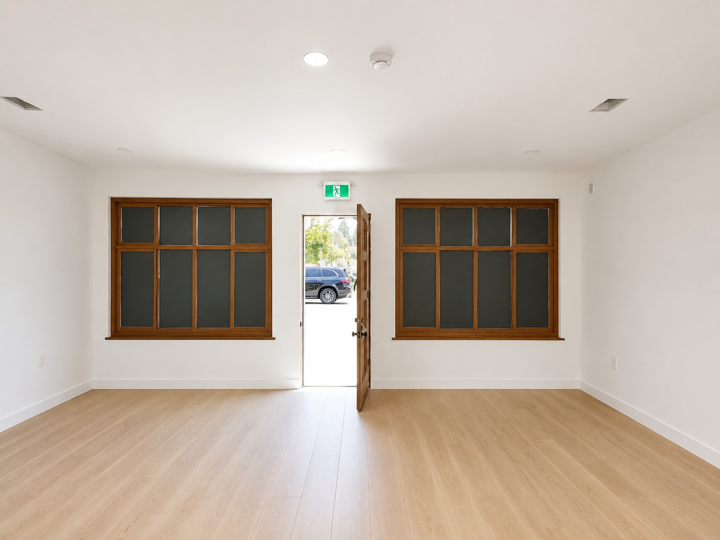 Bright commercial interior at 5559 West 8th Blvd featuring light wood flooring, white walls, restored wood-framed windows and