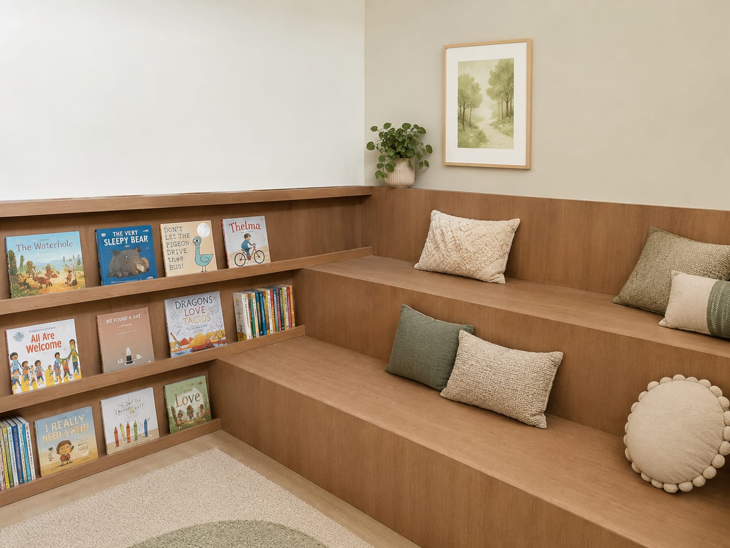 Particles children’s reading area at 3696 West 8th Ave featuring custom oak tiered seating, built-in book displays, soft cush