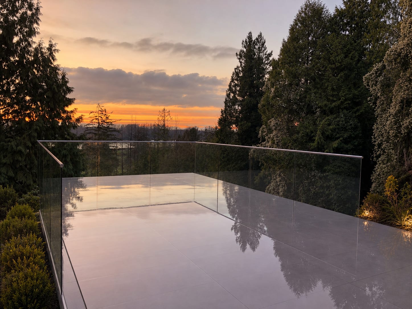 Outdoor terrace at 2040 SW Marine Drive featuring glass railings, large-format tile, landscaped surroundings and expansive su