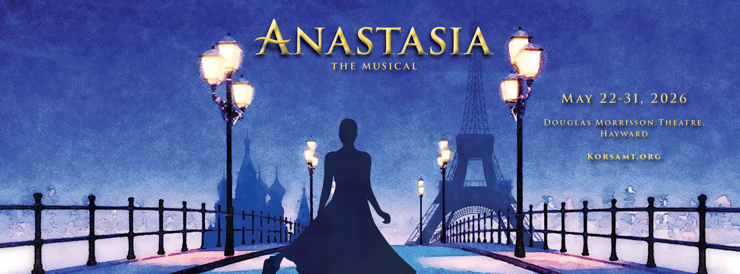 Banner showing a silhouetted woman in a gown on a lamplit bridge with the Eiffel Tower and Russian cathedral spires in a mist