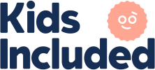 A logo with the words "Kids Included" in dark blue text and a coral pink smiley face mascot