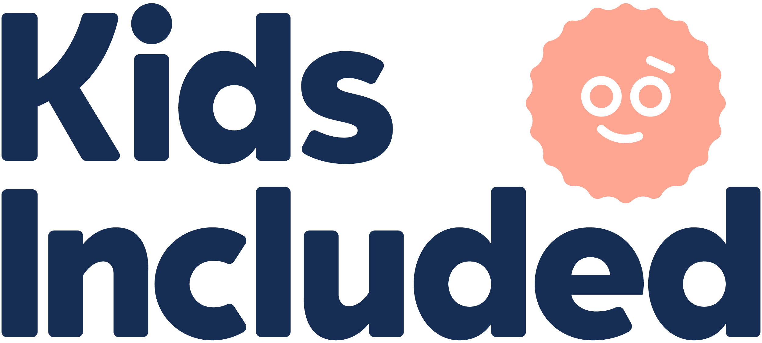 A logo with the words "Kids Included" in dark blue text and a coral pink smiley face mascot