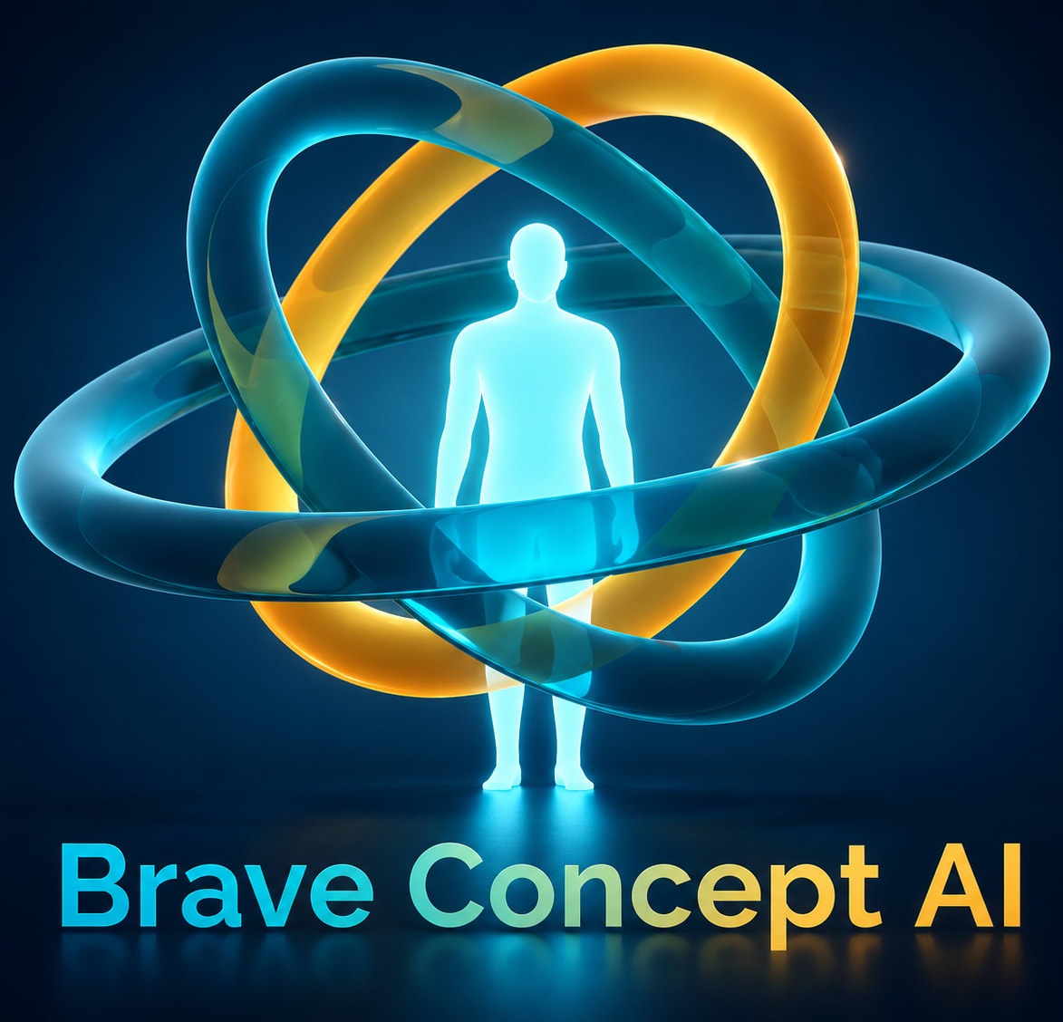 Brave Concept AI logo, a glowing human figure within orbiting rings