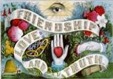 Friendship, love, and truth with an eye and a banner, a hand with a heart, colorful
