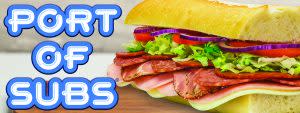 Port of Subs logo with a sandwich with french bread, onions, tomatoes, salami, ham, cheese, lettuce